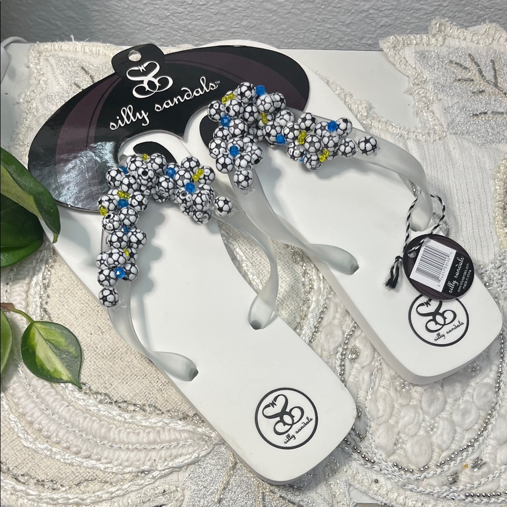 Silly Sandals White Flip Flops with Soccerball & Beaded Straps